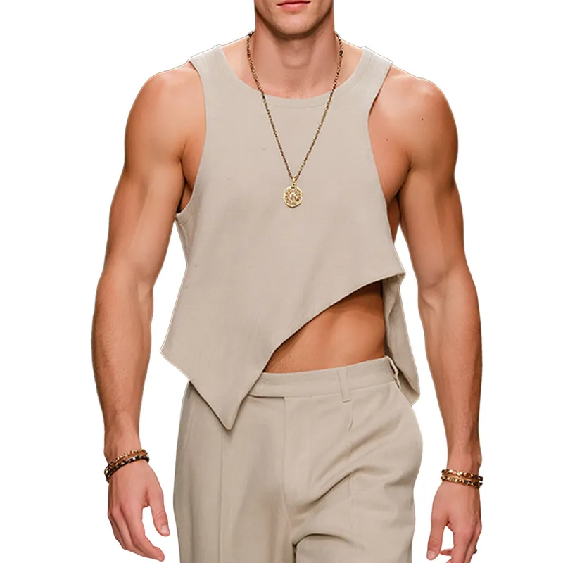 Men's Retro Old Money Style Linen Irregular Sleeveless Tank Top MTA2435F3TO sold by Manly