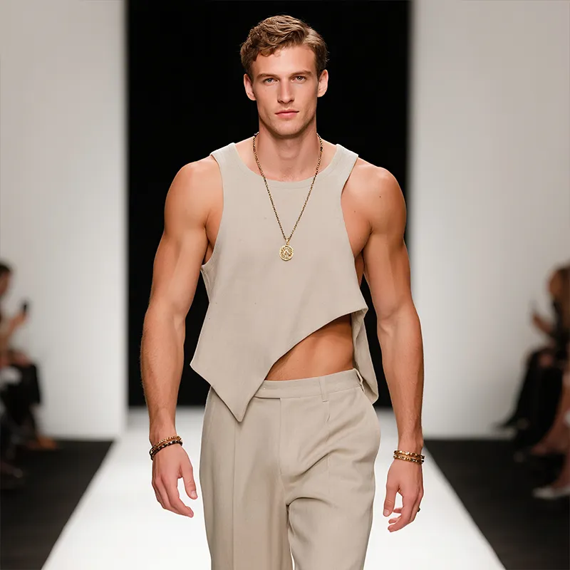 Men's Retro Old Money Style Linen Irregular Sleeveless Tank Top MTA2435F3TO sold by Manly product image thumbnail 3