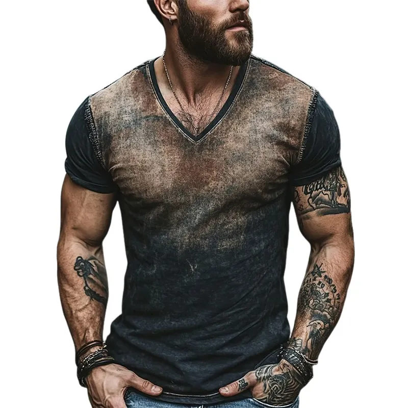 Men's Retro Gradient Print V-Neck Short Sleeve T-Shirt MTA2374F8X sold by Manly