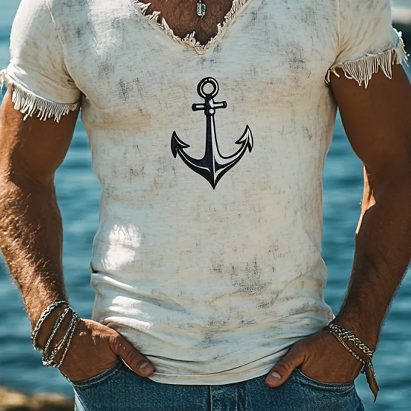 Men's Retro Printed Tassel V-Neck Short Sleeve T-Shirt MTA2439F2X sold by Manly product image thumbnail 4