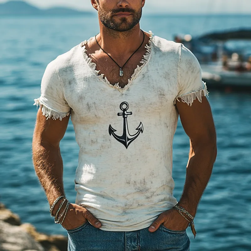Men's Retro Printed Tassel V-Neck Short Sleeve T-Shirt MTA2439F2X sold by Manly product image thumbnail 2