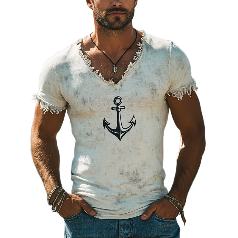 Men's Retro Printed Tassel V-Neck Short Sleeve T-Shirt MTA2439F2X sold by Manly