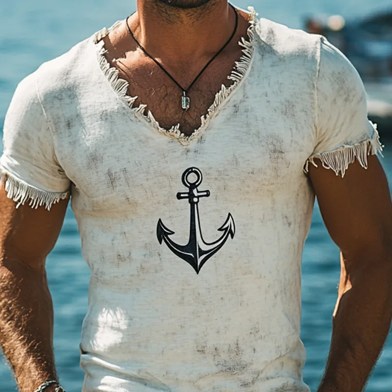 Men's Retro Printed Tassel V-Neck Short Sleeve T-Shirt MTA2439F2X sold by Manly product image thumbnail 3