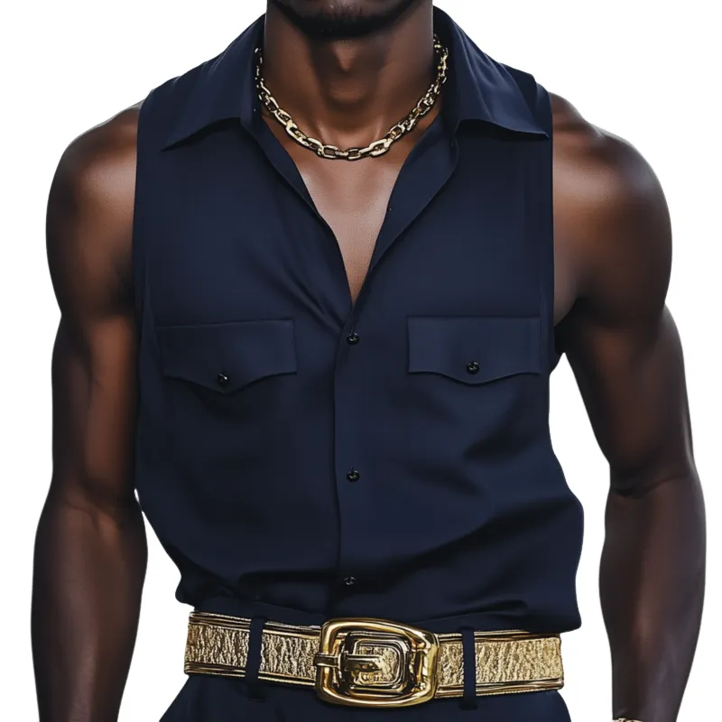 Men's Fashion Solid Color Cotton Blend Lapel Chest Pocket Loose Sleeveless Shirt MTA2451F6M sold by Manly