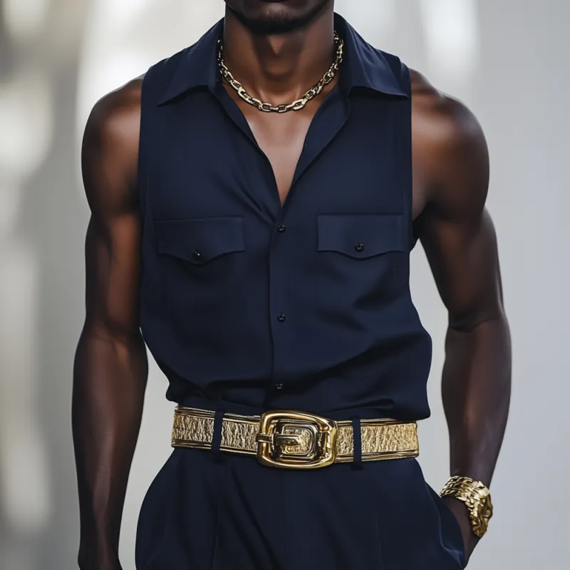 Men's Fashion Solid Color Cotton Blend Lapel Chest Pocket Loose Sleeveless Shirt MTA2451F6M sold by Manly product image thumbnail 3