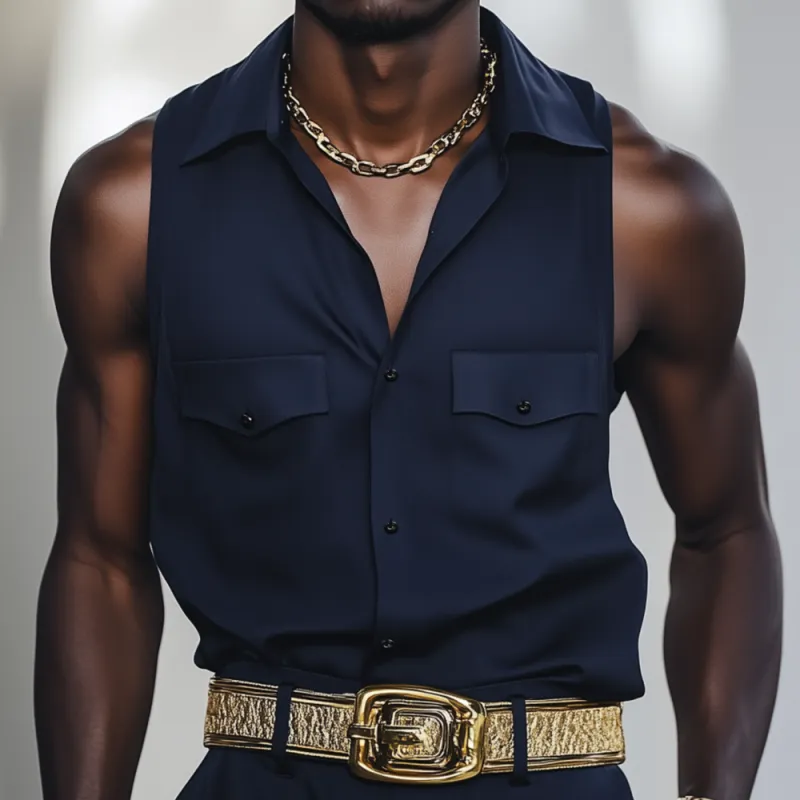 Men's Fashion Solid Color Cotton Blend Lapel Chest Pocket Loose Sleeveless Shirt MTA2451F6M sold by Manly product image thumbnail 2