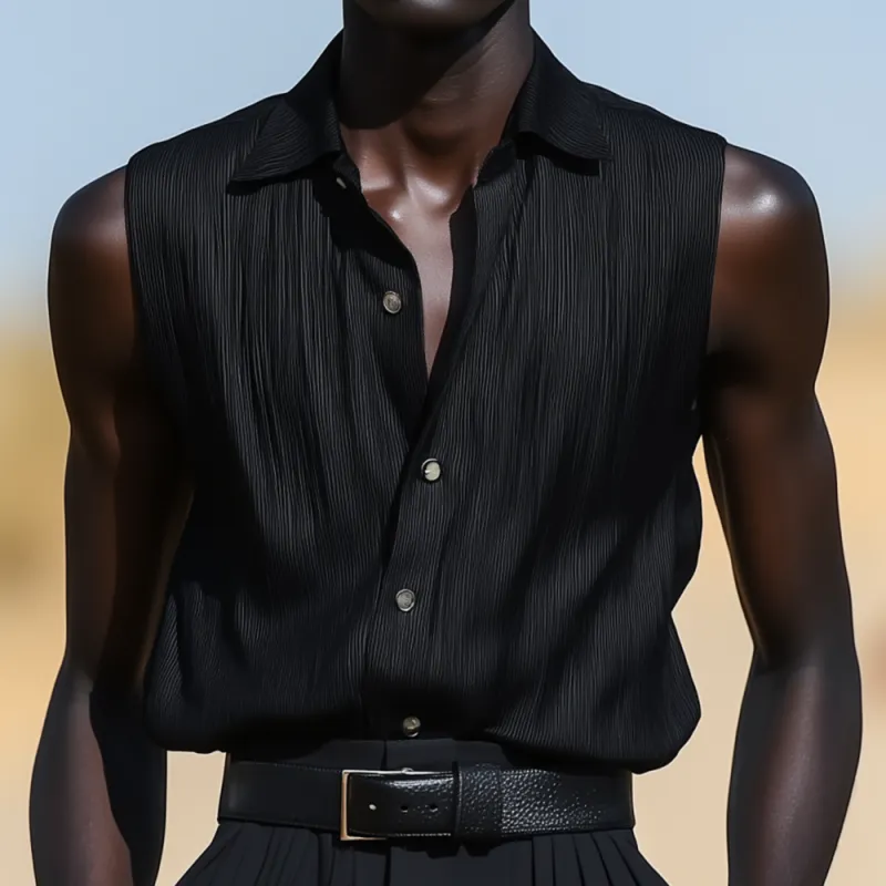 Men's Fashion Solid Color Striped Lapel Loose Sleeveless Shirt MTA2428F3M sold by Manly product image thumbnail 2