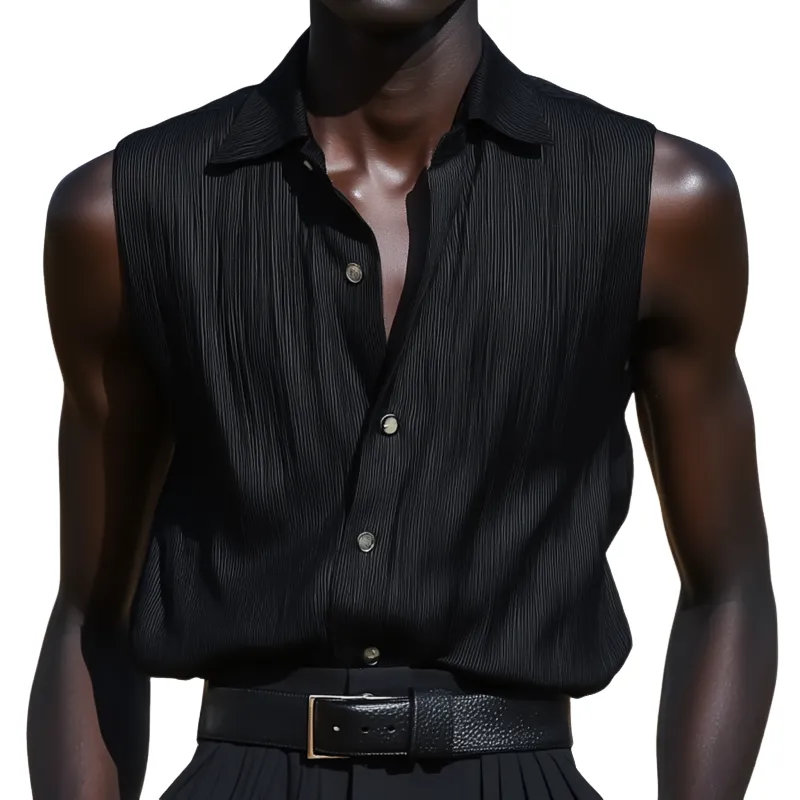 Men's Fashion Solid Color Striped Lapel Loose Sleeveless Shirt MTA2428F3M sold by Manly