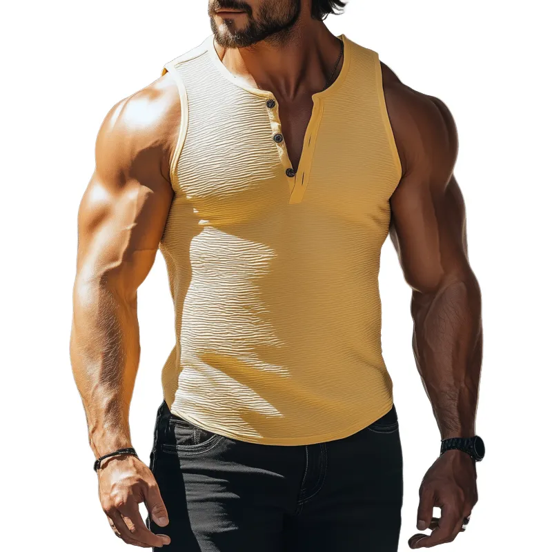 Men's Casual Solid Color Wave Pleated Texture Henley Collar Slim Fit Tank Top MTA2461F0M sold by Manly