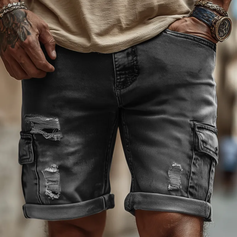 Men's Casual Outdoor Denim Washed Ripped Multi-pocket Slim Shorts MTA2421F1M sold by Manly product image thumbnail 2