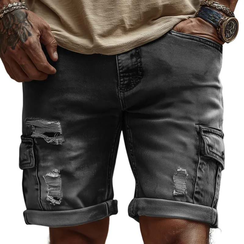 Men's Casual Outdoor Denim Washed Ripped Multi-pocket Slim Shorts MTA2421F1M sold by Manly