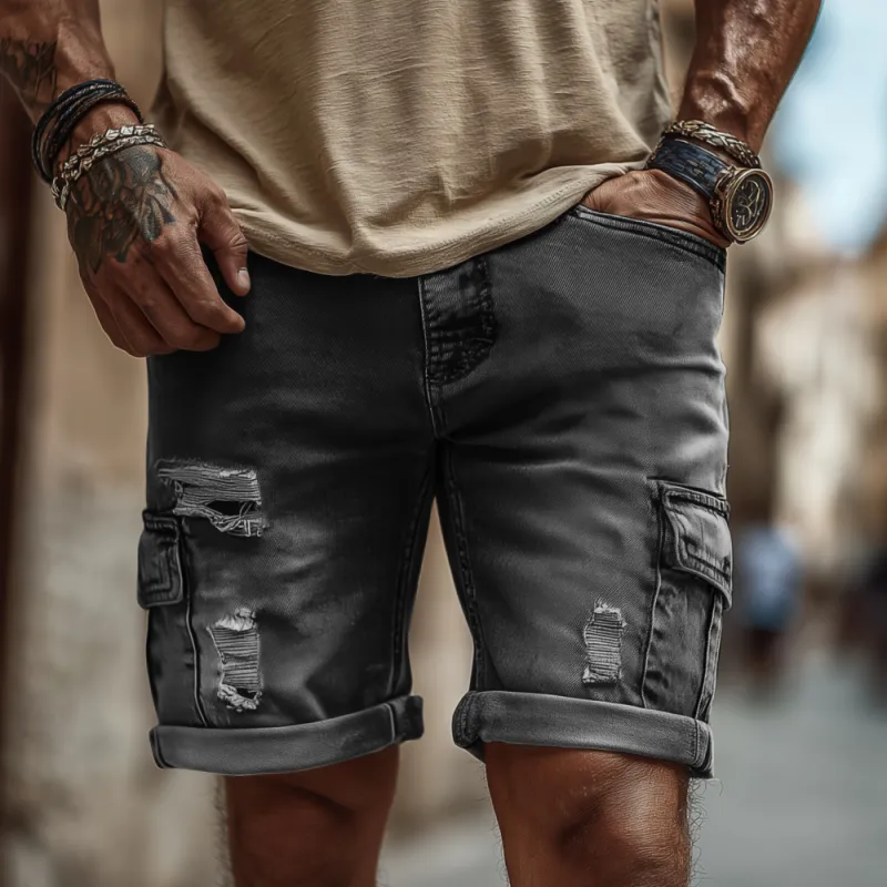 Men's Casual Outdoor Denim Washed Ripped Multi-pocket Slim Shorts MTA2421F1M sold by Manly product image thumbnail 3