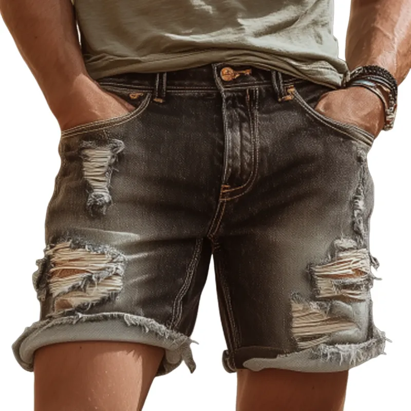 Men's Fashion Outdoor Denim Washed Ripped Raw Edge Slim Shorts MTA2477F5M sold by Manly