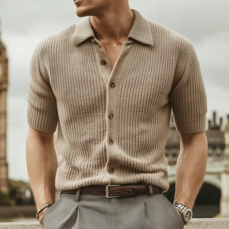 Men's Fashion Solid Color Lapel Single Breasted Knitted Short Sleeve Shirt Cardigan MTA2467F7M sold by Manly product image thumbnail 2