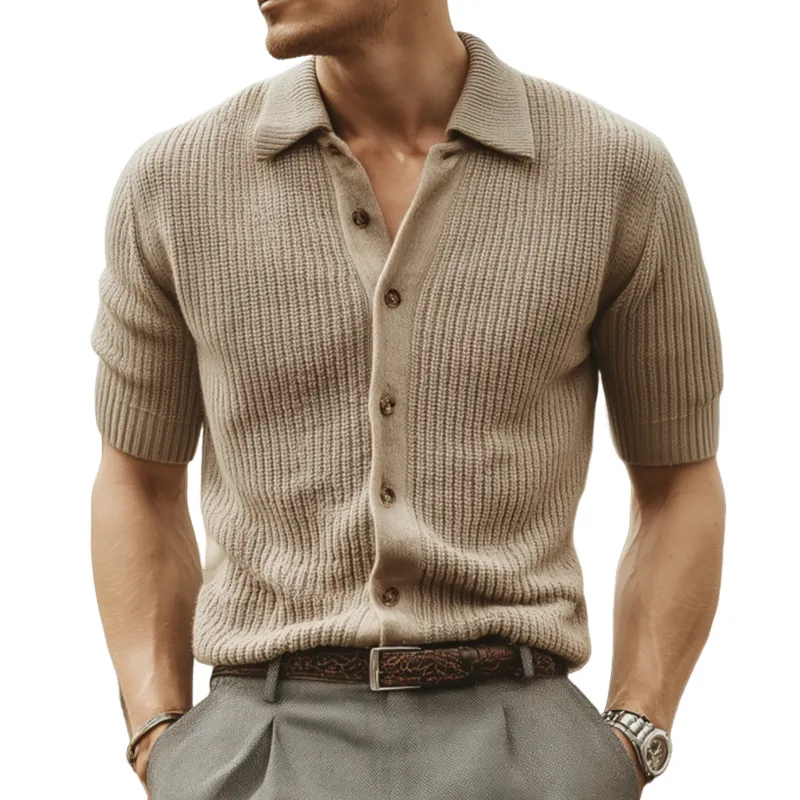 Men's Fashion Solid Color Lapel Single Breasted Knitted Short Sleeve Shirt Cardigan MTA2467F7M sold by Manly