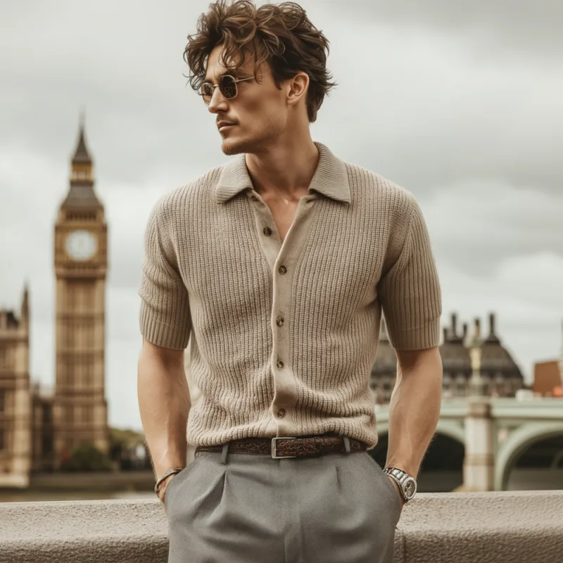 Men's Fashion Solid Color Lapel Single Breasted Knitted Short Sleeve Shirt Cardigan MTA2467F7M sold by Manly product image thumbnail 3