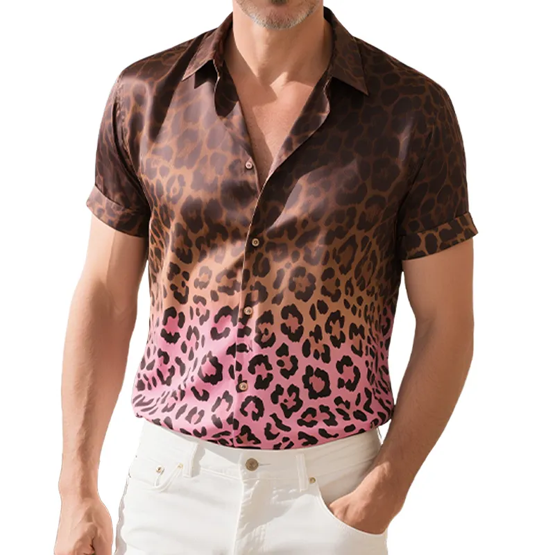 Men's Spring And Summer Fashion Casual Satin Gradient Leopard Print Short Sleeve Shirt MTA2423F1K sold by Manly