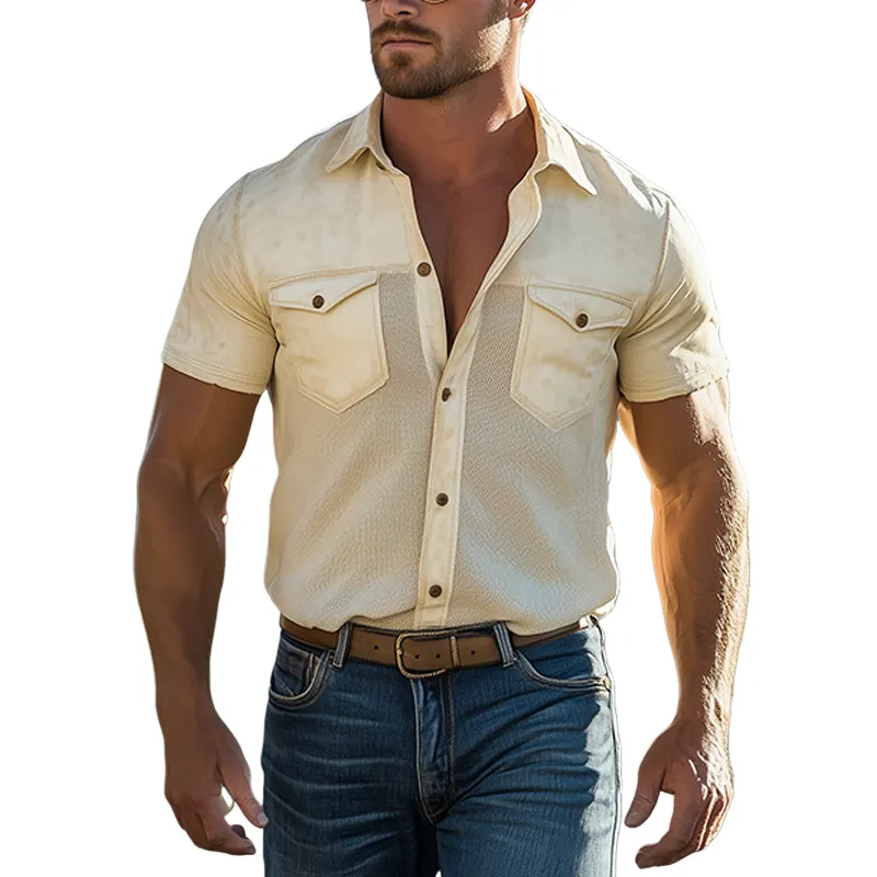 Men's Spring And Summer Fashion Casual Thin Suede Splicing Mesh Fabric Slim Short-sleeved Shirt MTA2432F5K sold by Manly