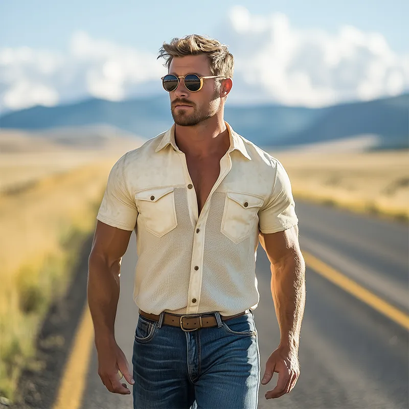 Men's Spring And Summer Fashion Casual Thin Suede Splicing Mesh Fabric Slim Short-sleeved Shirt MTA2432F5K sold by Manly product image thumbnail 3