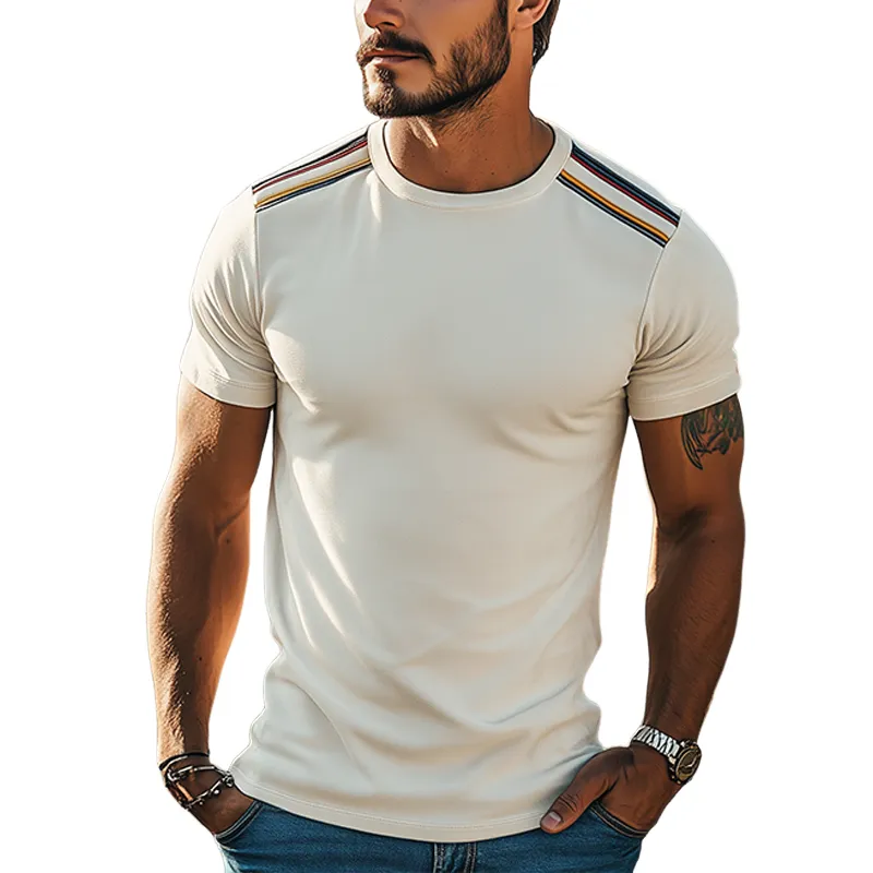 Men's Spring And Summer Fashion Casual Thin Suede Shoulder Stitching Webbing Slim Short-sleeved T-shirt MTA2476F3K sold by Manly