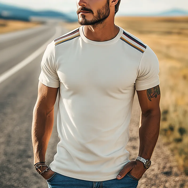 Men's Spring And Summer Fashion Casual Thin Suede Shoulder Stitching Webbing Slim Short-sleeved T-shirt MTA2476F3K sold by Manly product image thumbnail 2