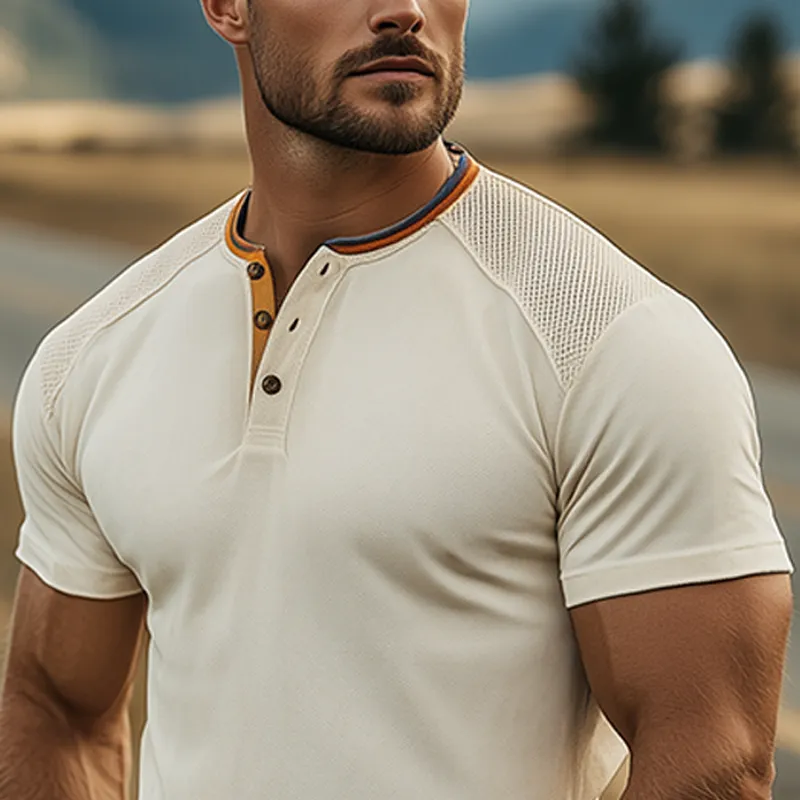 Men's Spring And Summer Fashion Casual Henley Collar Suede Shoulder Splicing Mesh Fabric Slim Fit Short Sleeve T-shirt MTA2449F9K sold by Manly product image thumbnail 4