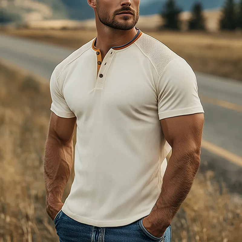 Men's Spring And Summer Fashion Casual Henley Collar Suede Shoulder Splicing Mesh Fabric Slim Fit Short Sleeve T-shirt MTA2449F9K sold by Manly product image thumbnail 2