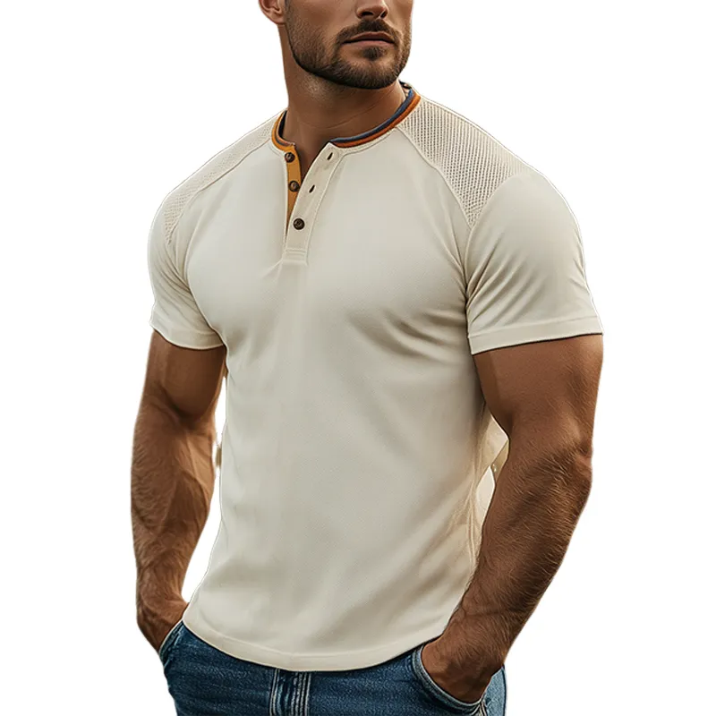 Men's Spring And Summer Fashion Casual Henley Collar Suede Shoulder Splicing Mesh Fabric Slim Fit Short Sleeve T-shirt MTA2449F9K sold by Manly
