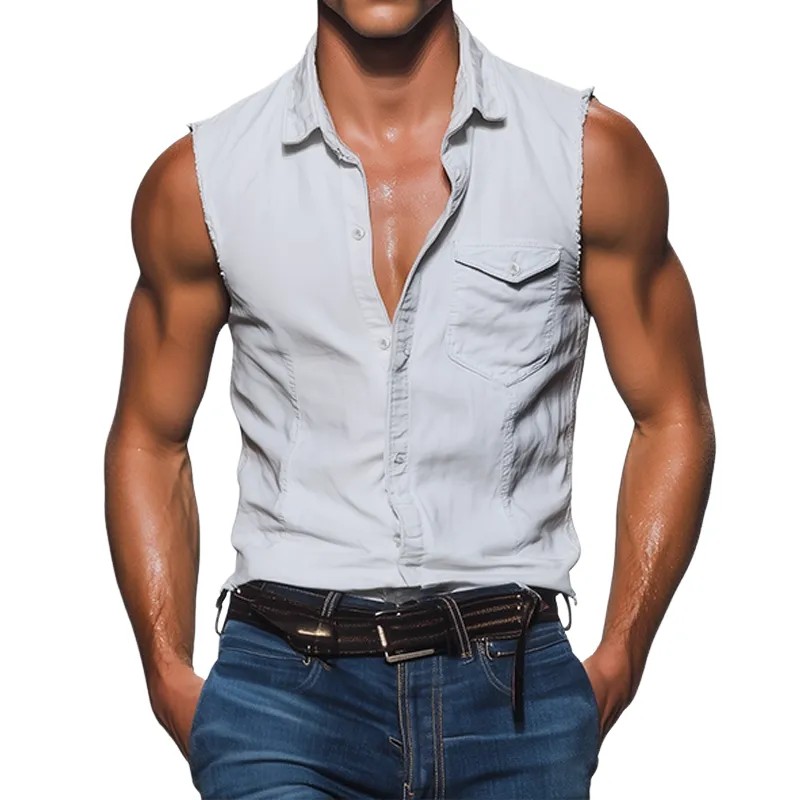 Men's Spring And Summer Fashion Casual Denim Washed Slim Fit Sleeveless Shirt MTA2302F0K sold by Manly
