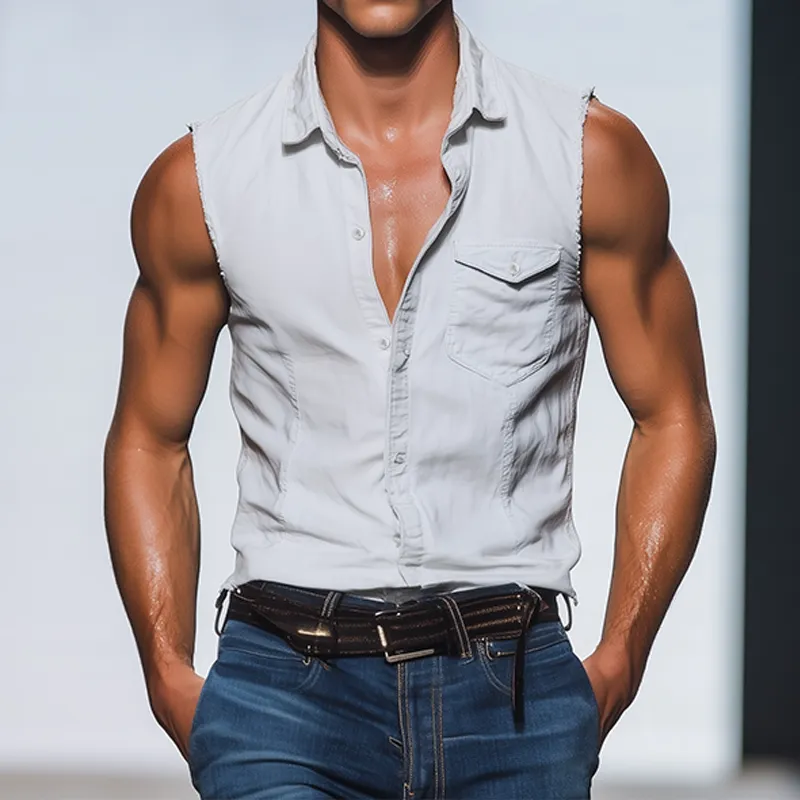 Men's Spring And Summer Fashion Casual Denim Washed Slim Fit Sleeveless Shirt MTA2302F0K sold by Manly product image thumbnail 2