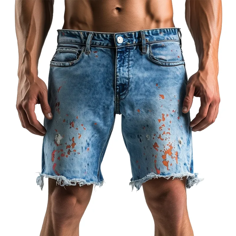 Men's Spring And Summer Fashion Casual Washed Denim Colorful Ink-splashed Hem Shorts MTA2353F5K sold by Manly