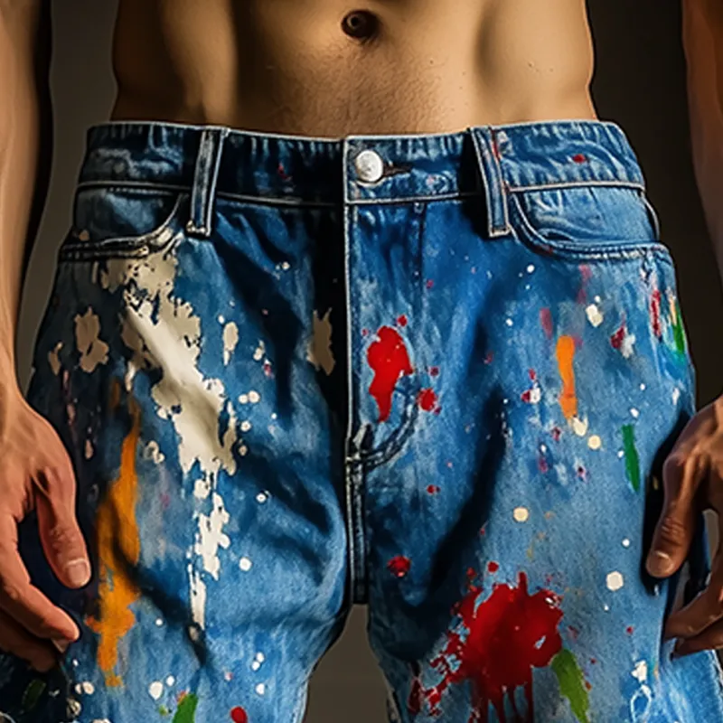 Men's Spring And Summer Fashion Casual Personality Washed Denim Color Splash Ink Trousers Hem Shorts MTA2300F4K sold by Manly product image thumbnail 4