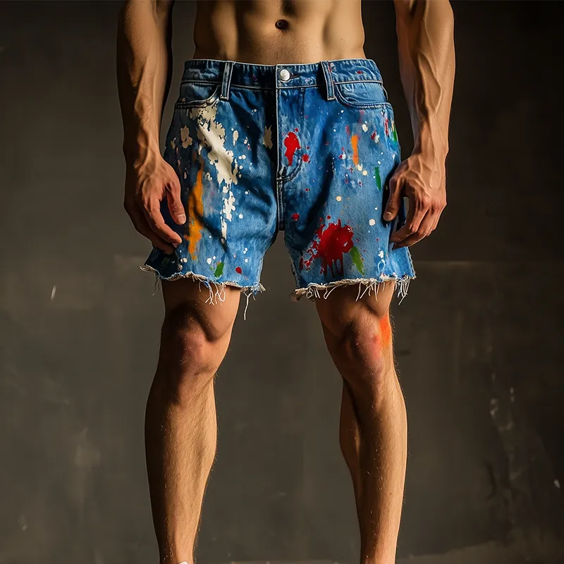 Men's Spring And Summer Fashion Casual Personality Washed Denim Color Splash Ink Trousers Hem Shorts MTA2300F4K sold by Manly product image thumbnail 3