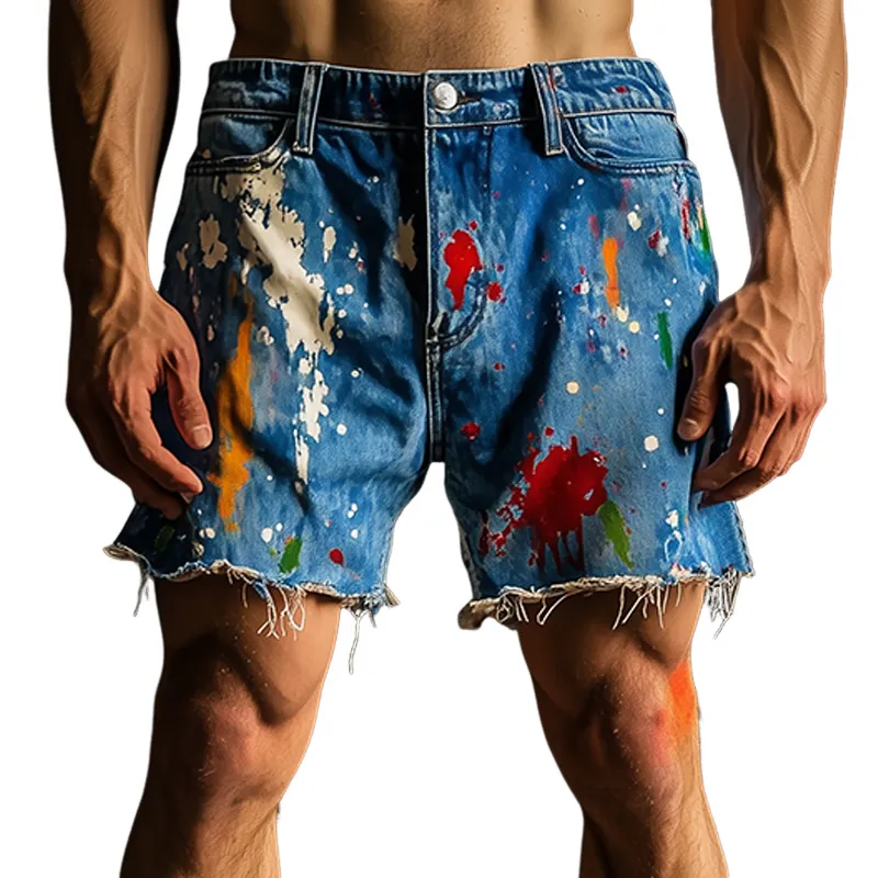 Men's Spring And Summer Fashion Casual Personality Washed Denim Color Splash Ink Trousers Hem Shorts MTA2300F4K sold by Manly