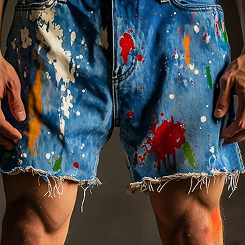 Men's Spring And Summer Fashion Casual Personality Washed Denim Color Splash Ink Trousers Hem Shorts MTA2300F4K sold by Manly product image thumbnail 5