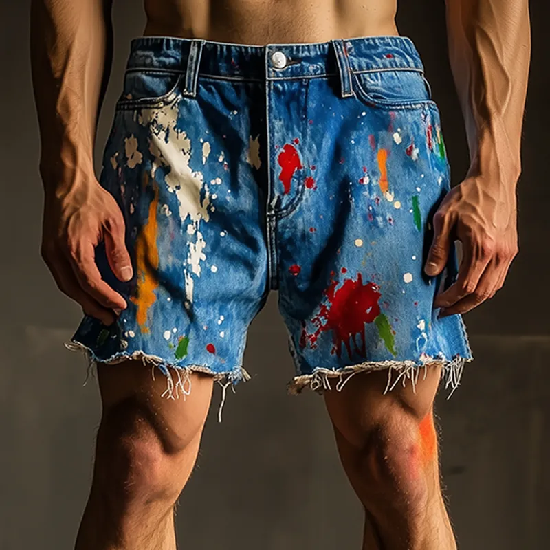 Men's Spring And Summer Fashion Casual Personality Washed Denim Color Splash Ink Trousers Hem Shorts MTA2300F4K sold by Manly product image thumbnail 2
