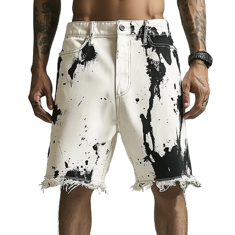 Men's Spring And Summer Fashion Casual Personality Washed Denim Ink-splashed Hem Shorts MTA2336F1K sold by Manly