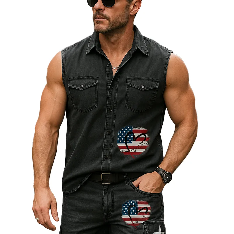 Men's Summer Fashion Patch Denim Sleeveless Shirt MTA2399F8P sold by Manly