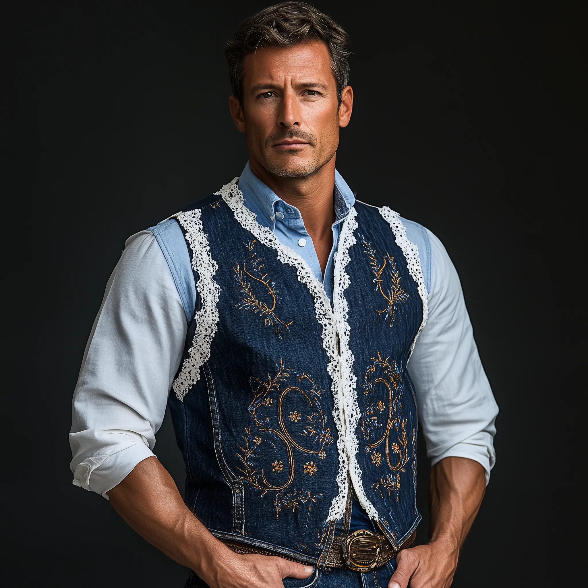 Men's Summer Fashion Embroidered Lace Decorated Washed Denim Vest MTA2392F4P sold by Manly product image thumbnail 2