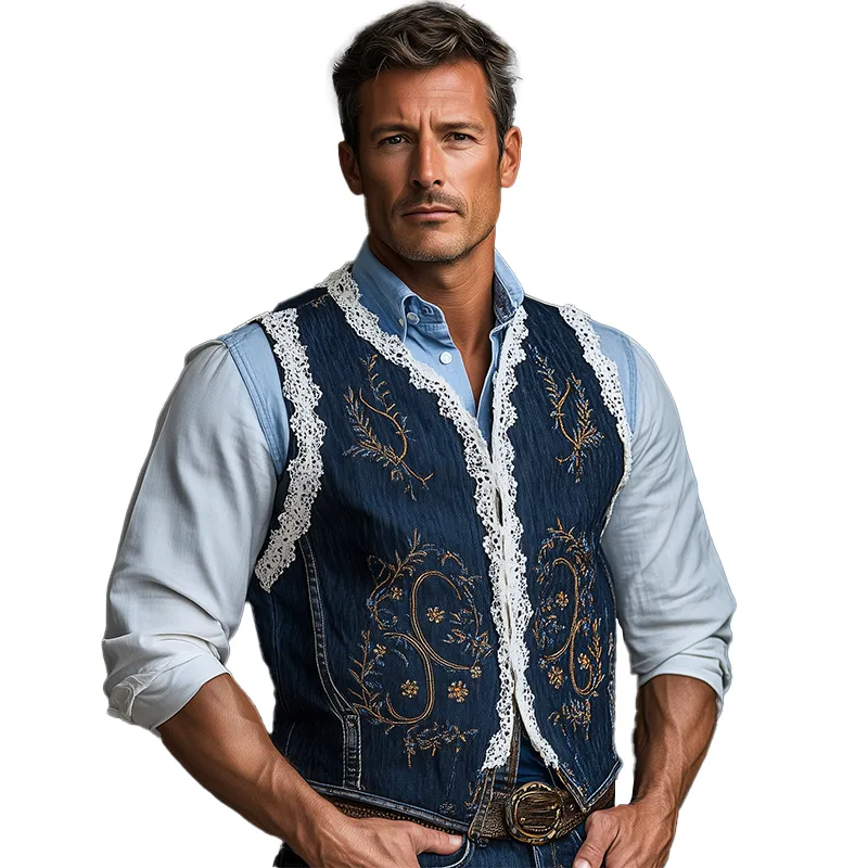 Men's Summer Fashion Embroidered Lace Decorated Washed Denim Vest MTA2392F4P sold by Manly