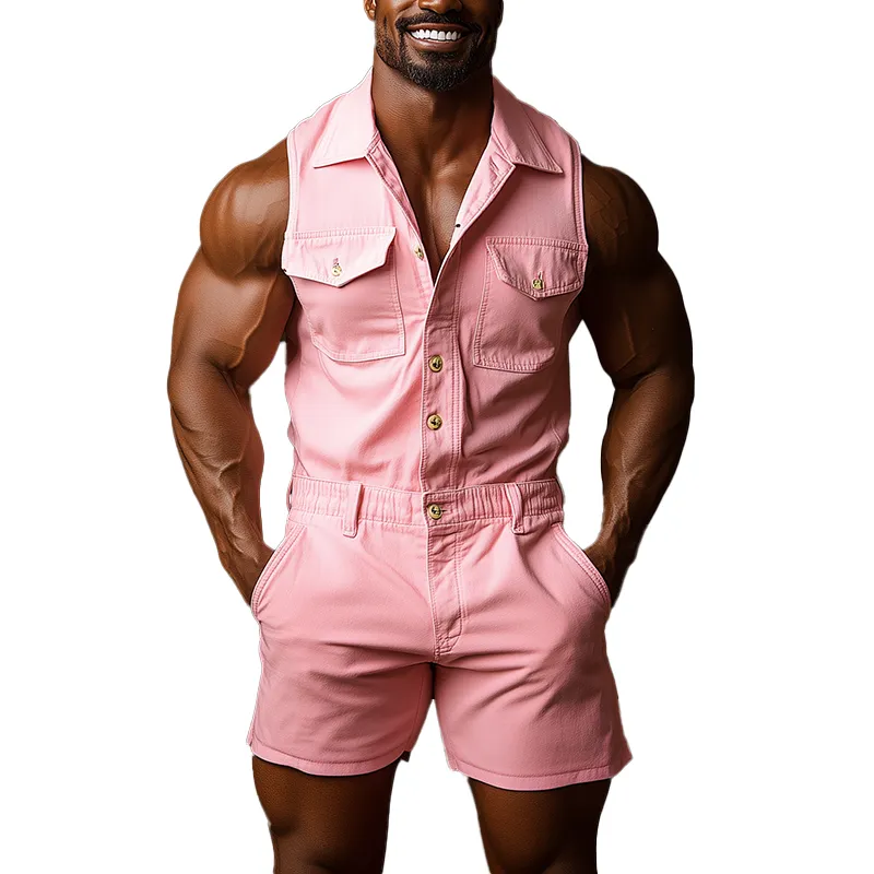 Men's Summer Fashion Solid Color Denim Sleeveless Shorts Jumpsuit MTA2347F4P sold by Manly