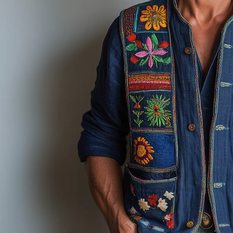 Men's Summer Fashion Premium Bohemian Embroidery Slub Linen Vest MTA2494F0P sold by Manly product image thumbnail 3