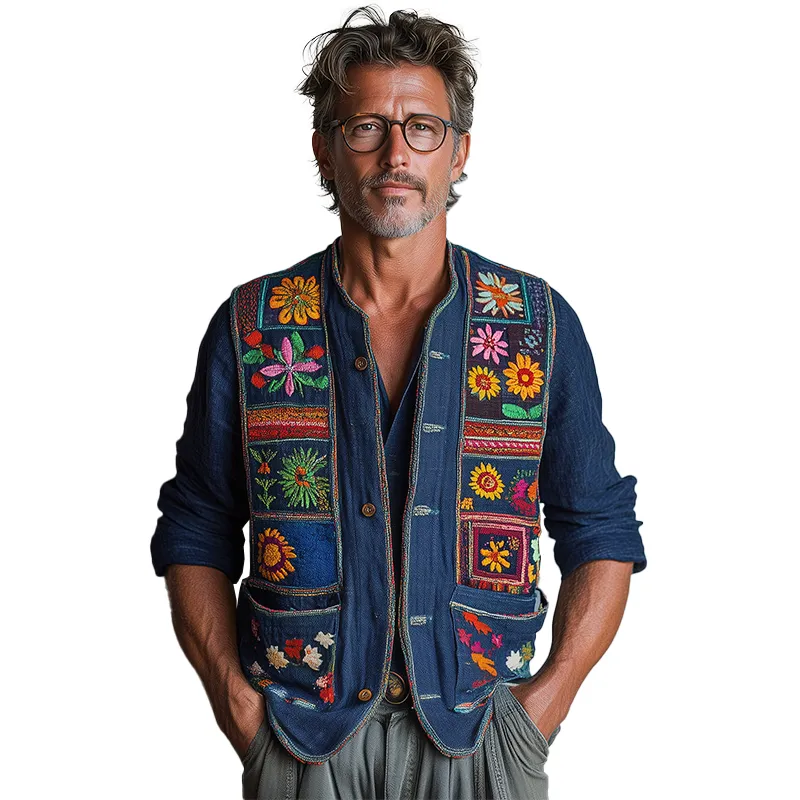 Men's Summer Fashion Premium Bohemian Embroidery Slub Linen Vest MTA2494F0P sold by Manly