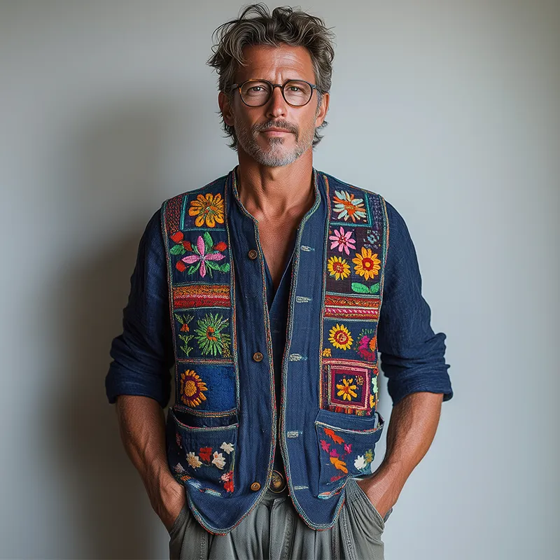 Men's Summer Fashion Premium Bohemian Embroidery Slub Linen Vest MTA2494F0P sold by Manly product image thumbnail 2