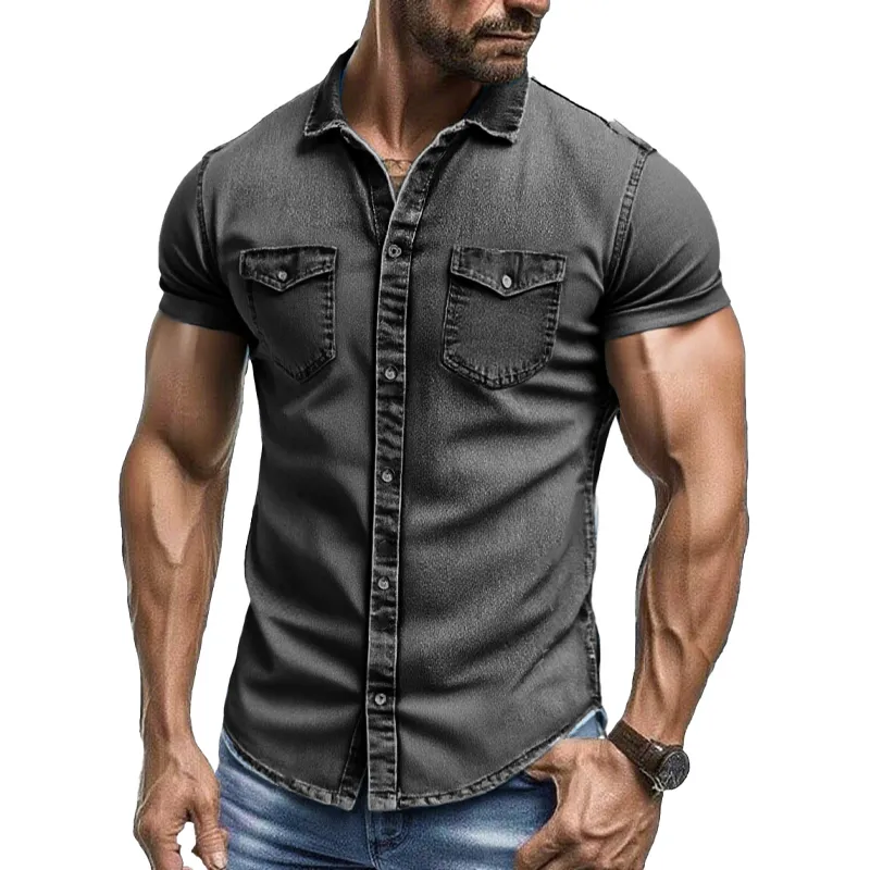 Men's Vintage Washed Short Sleeve Multi-Pocket Denim Shirt MTA2170F6X sold by Manly product image thumbnail 2