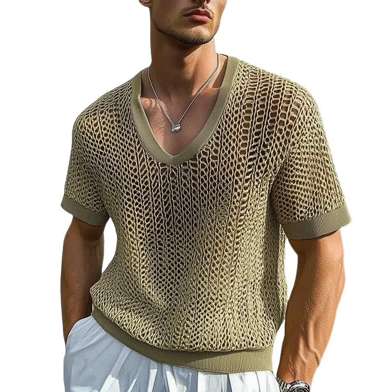 Men's Summer V-neck Mesh Knitted Breathable Short Sleeve T-shirt MTA2324F8U sold by Manly