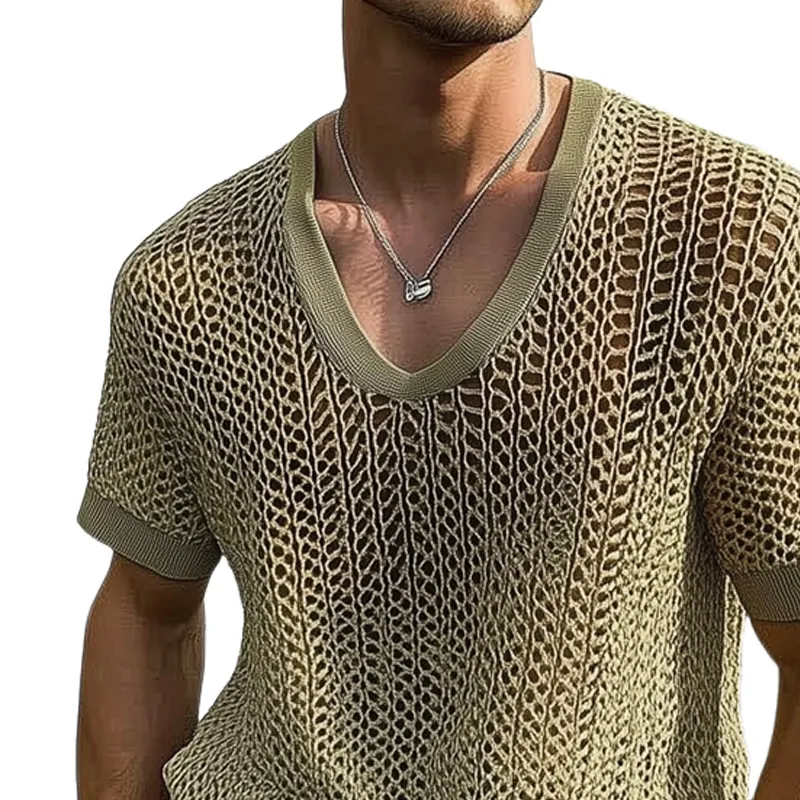 Men's Summer V-neck Mesh Knitted Breathable Short Sleeve T-shirt MTA2324F8U sold by Manly product image thumbnail 2