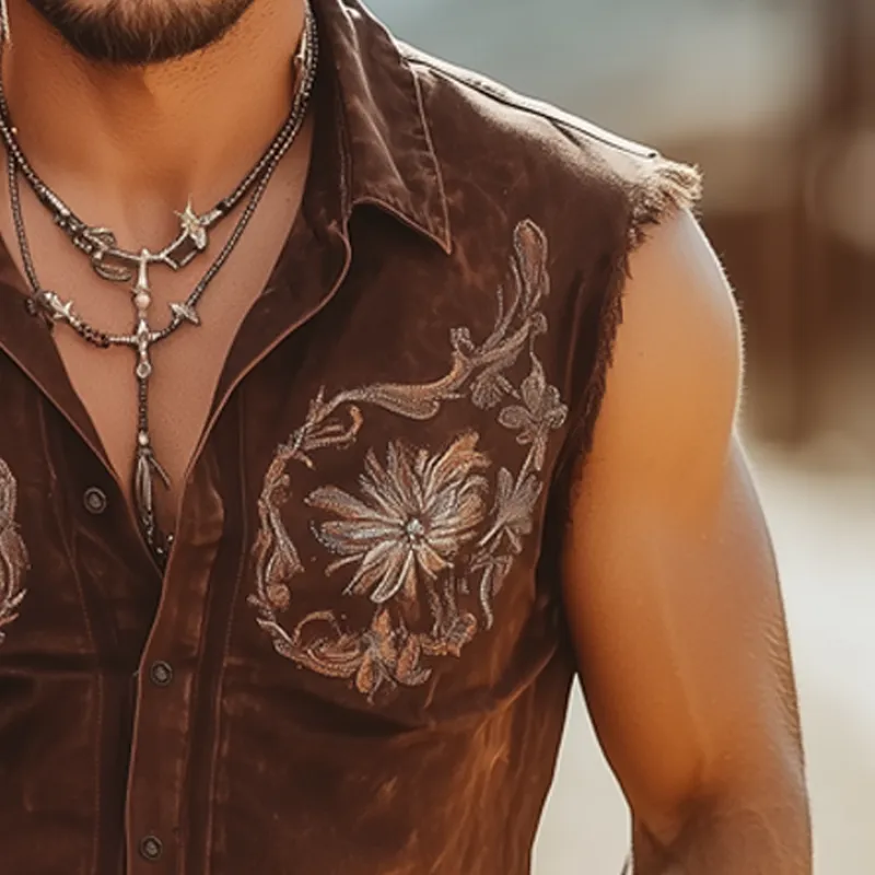 Men's Western Embroidered Denim Button Sleeveless Shirt MTA2327F3U sold by Manly product image thumbnail 4
