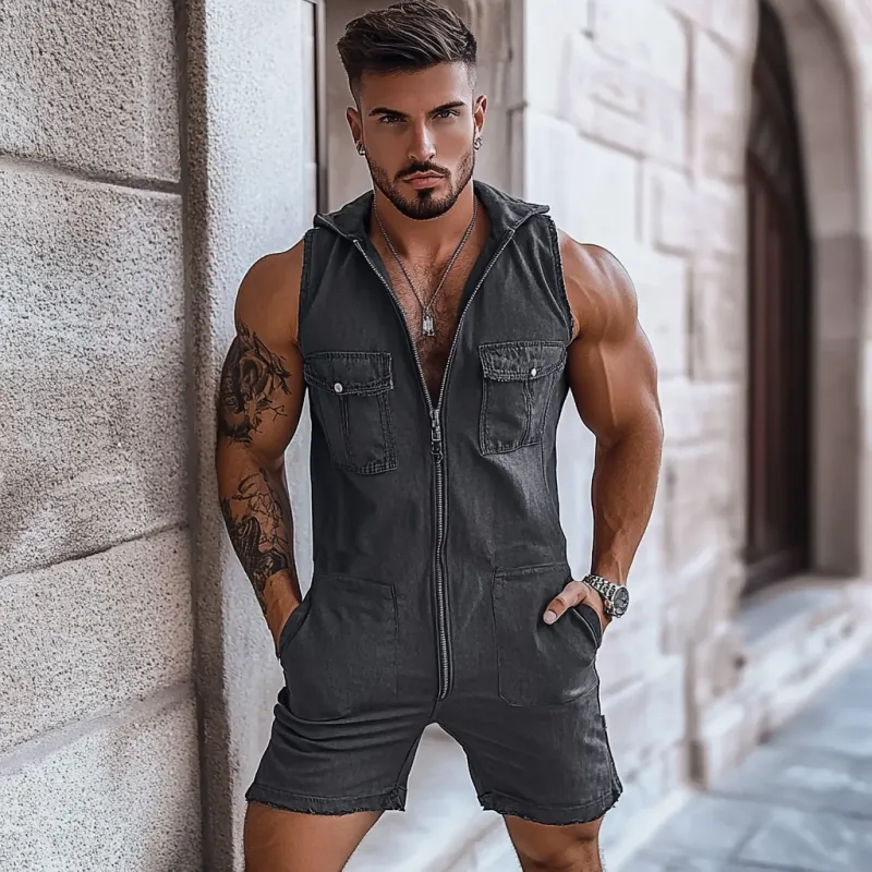 Men's Distressed Washed Zipper Multi-pocket Hooded Denim Shorts Jumpsuit MTA2347F9Y sold by Manly product image thumbnail 2