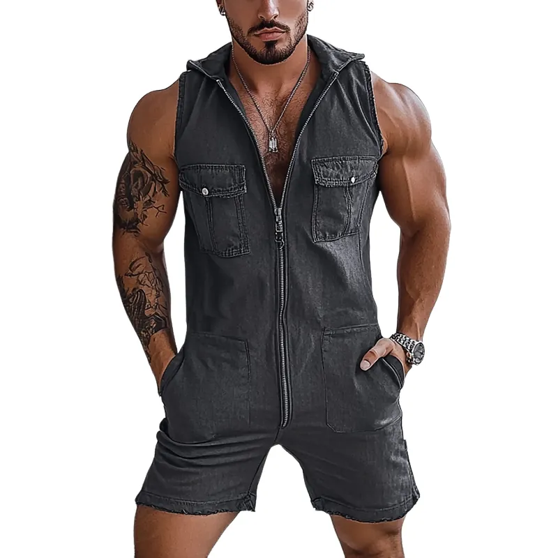 Men's Distressed Washed Zipper Multi-pocket Hooded Denim Shorts Jumpsuit MTA2347F9Y sold by Manly